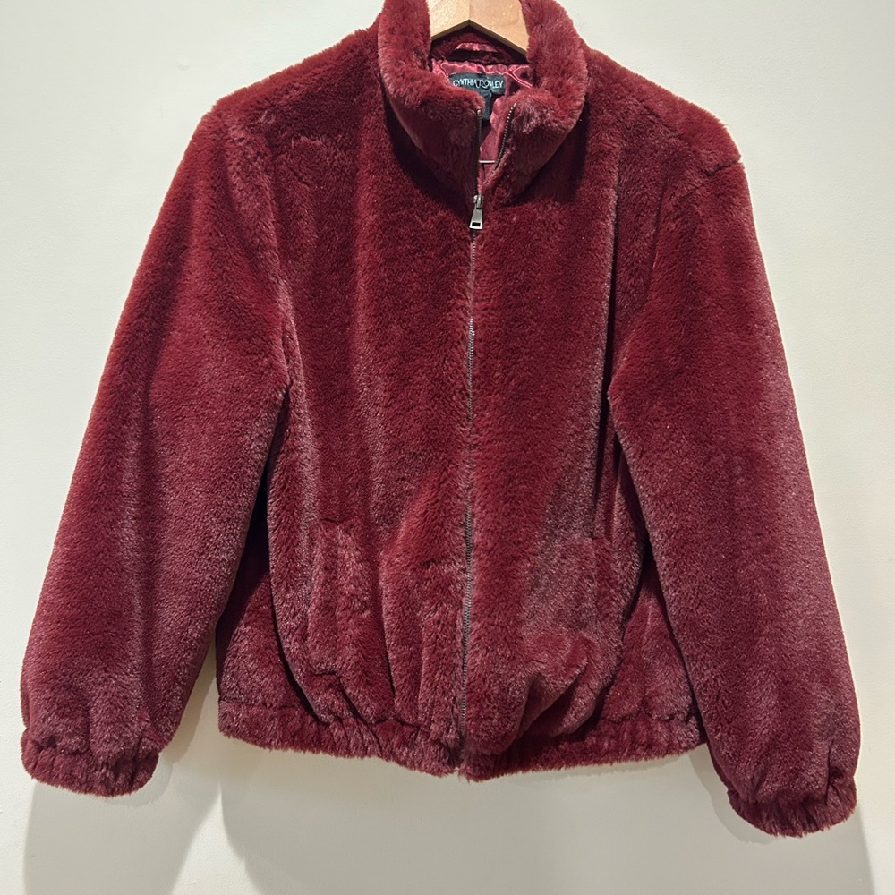 Cynthia Rowley wine colored faux fur bomber